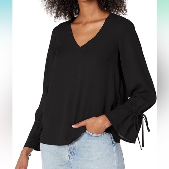 J. Crew Mercantile V-Neck Long Sleeve Sheer Blouse Tie Bell Sleeves, Black 8 NWT - Picture 4 of 12
